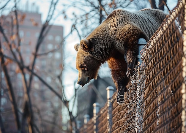 Photo bear climbing fence in urban area wildlife encounters