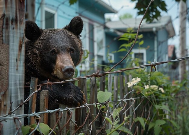 Photo bear climbing fence in urban area wildlife encounters