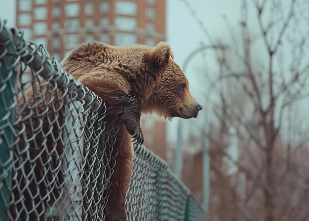 Photo bear climbing fence in urban area wildlife encounters