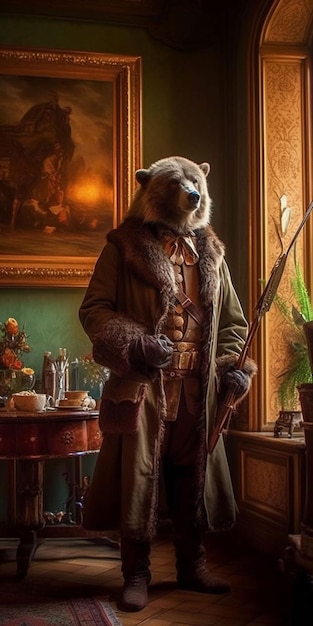 A bear in a coat stands in front of a painting.