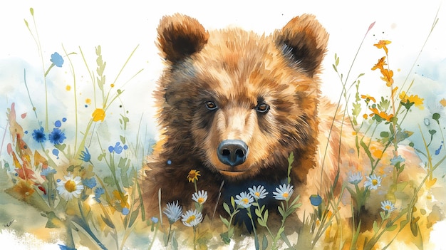 A bear cub is sitting in a field of flowers