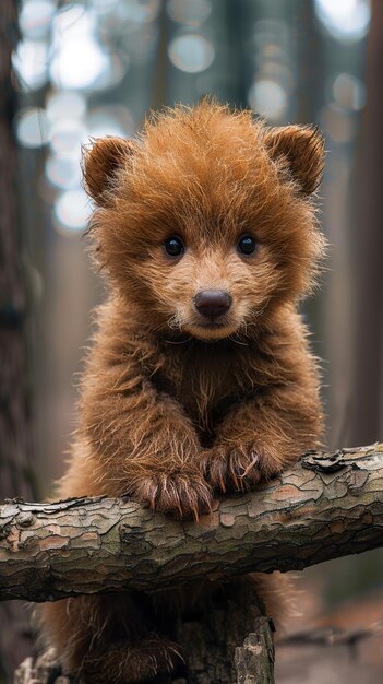 a bear cub is sitting on a tree branch