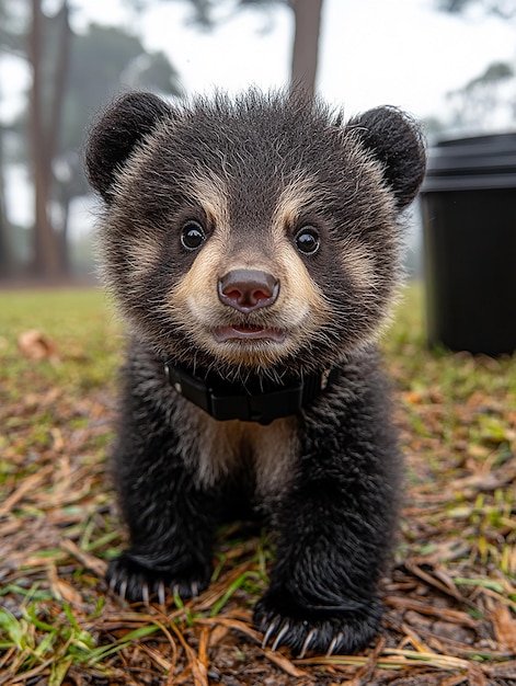 a bear cub is standing in the grass with a black collar