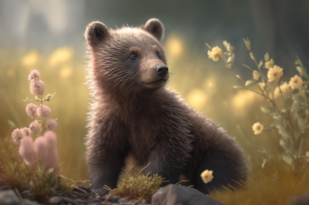 Bear cub in meadows with flowers Generative AI