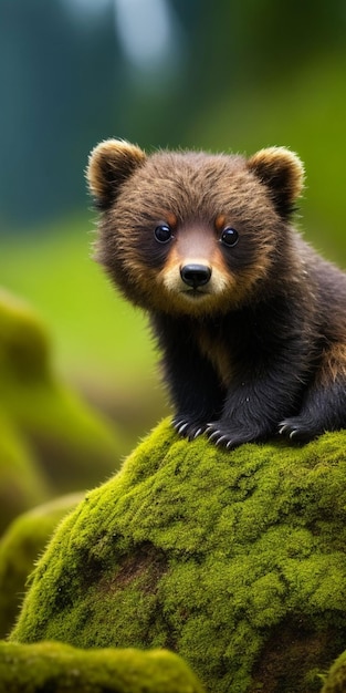 A bear cub sits on a mossy branch.