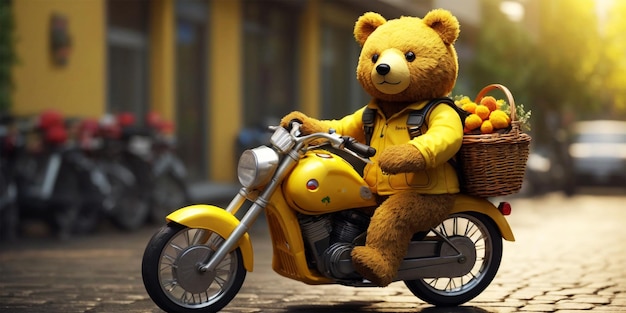 Bear doll on bike with basket and helmet