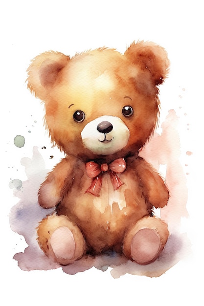 Bear Doll Teddy watercolor clipart cute isolated on white background with Generative AI