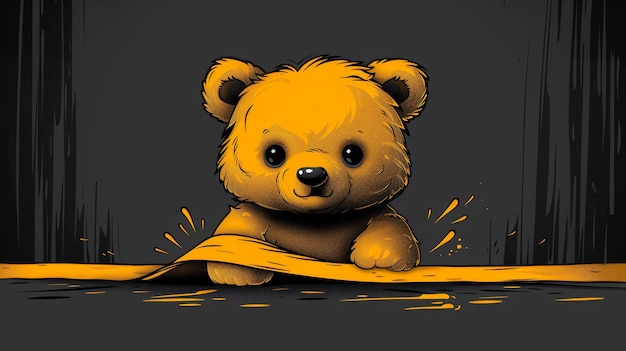 A bear doll with fading yellow tape modern illustration on a black background is cute is a crime