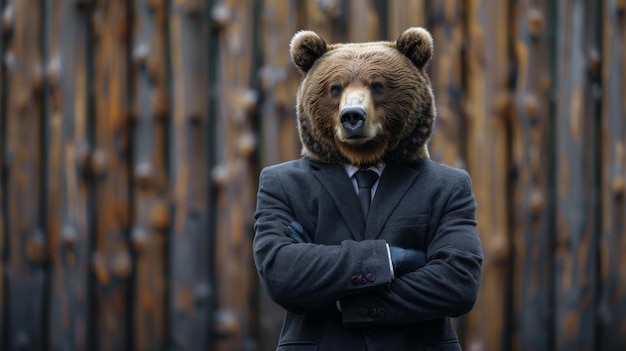 Photo a bear dressed in a business suit stands confidently with arms crossed blending wildlife with corporate culture humorously