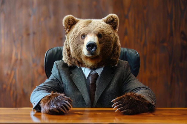 Photo the bear in an economic debate dressed in a scholarly suit presenting cautious market perspectives