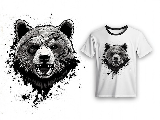 Bear Face illustrations With An Engraving Vector Art Style T Shirt Mokeup