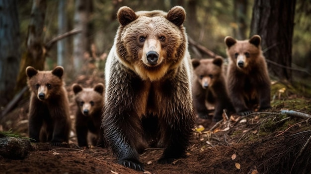 A bear family in a forest with a bear cub