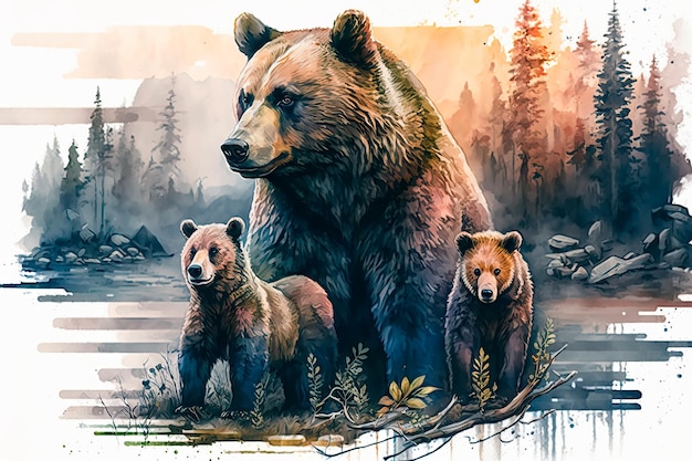 Bear family walking in the forest Generative AI