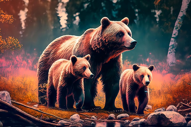 Bear family walking in the forest Generative AI