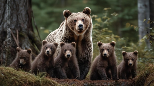 A bear family with her cubs