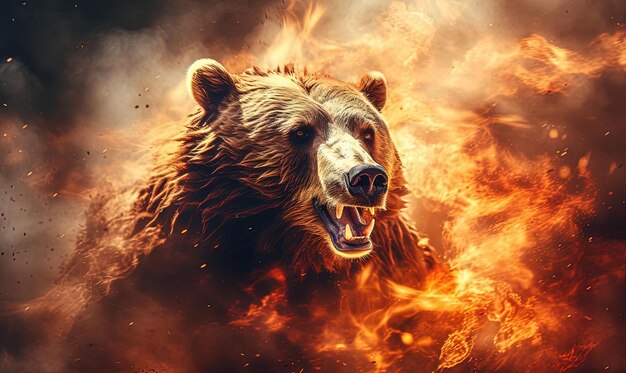 Photo bear on fire wallpaper 4k resolutions in the style of double exposure