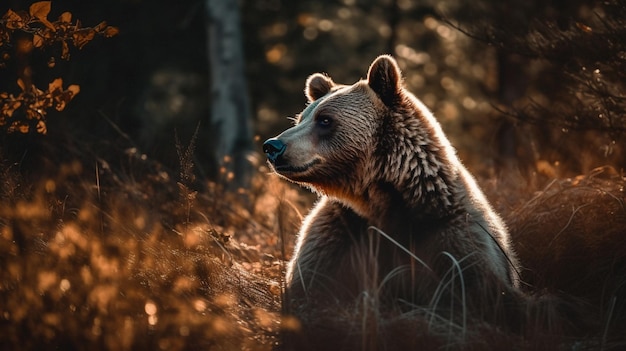 A bear in a forest with a golden glow