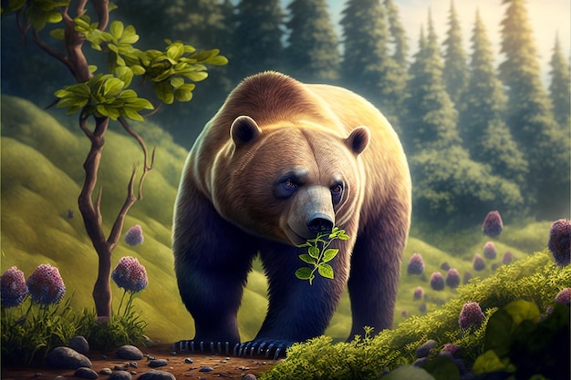 A bear in a forest with a leaf in its mouth