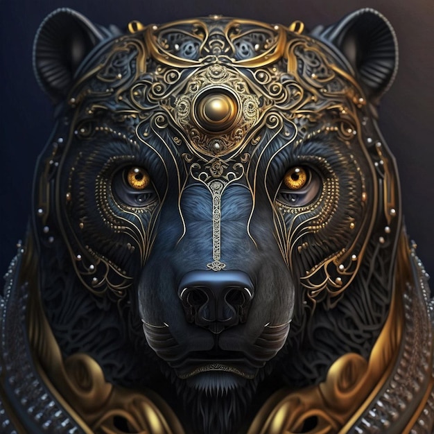 Bear head with gold and silver details.