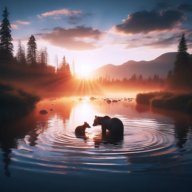 A bear and her cub are swimming in the water View of wild bear bear walking in forest_ai_generated