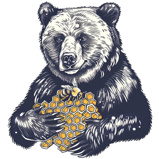 Photo bear holding a beehive honeycomb patterns tshirt design white background