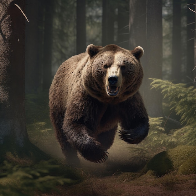 A bear is running in a forest with trees and a light on the background.