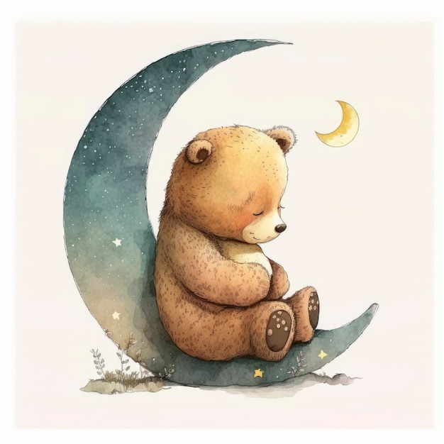 A bear is sitting on a moon and the moon is a symbol of dreams.