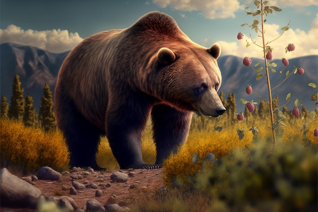 A bear is standing in a field with mountains in the background.