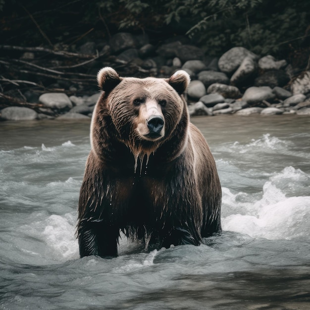 A bear is standing in the water and is looking at the camera.