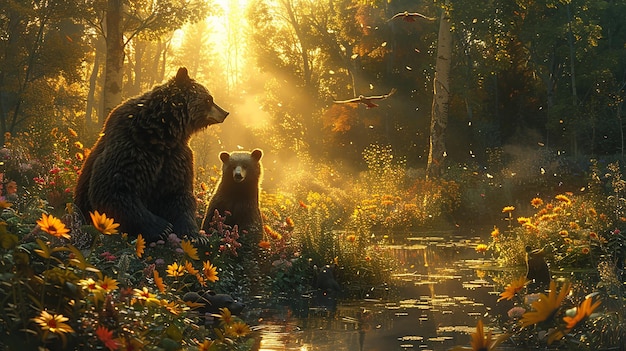 a bear is standing in the woods with a bird flying in the sky