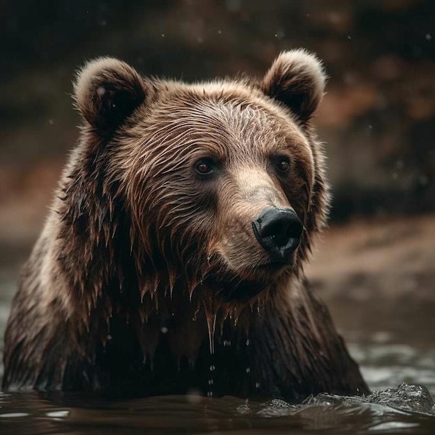 A bear is swimming in a lake with rain falling on its face.