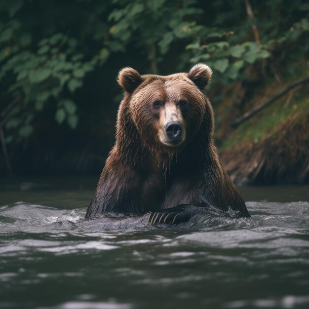 A bear is swimming in a river with trees in the background.