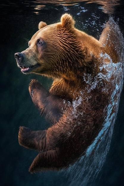 A bear is swimming in the water with his head up.