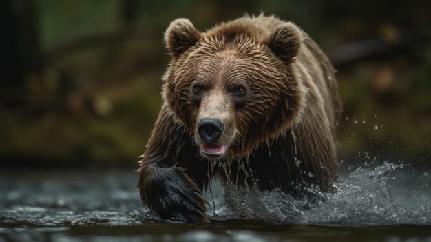 A bear is walking through a river.