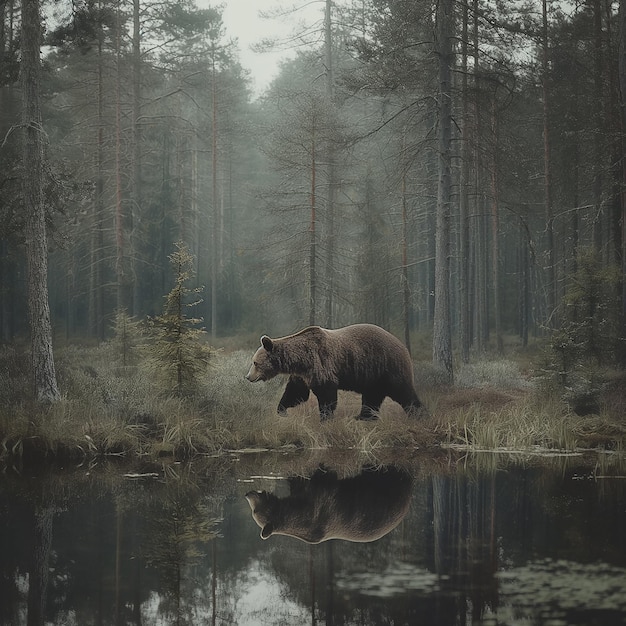 a bear is walking in the woods with a reflection of trees in the water