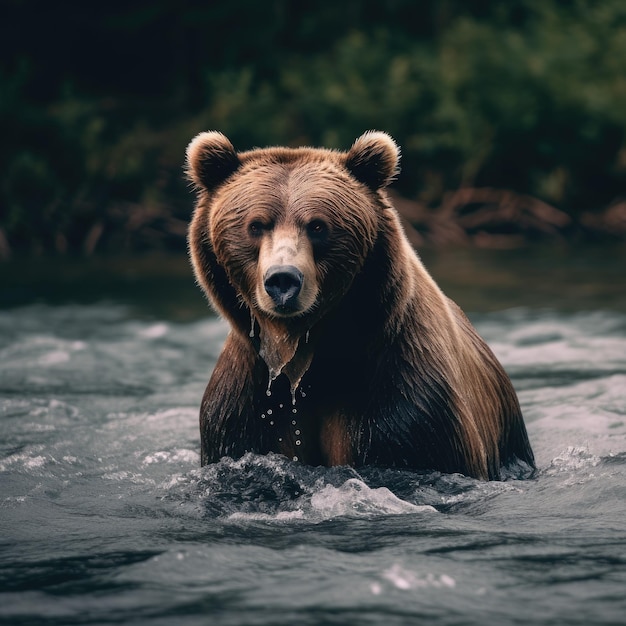 A bear is in the water and is looking at the camera.