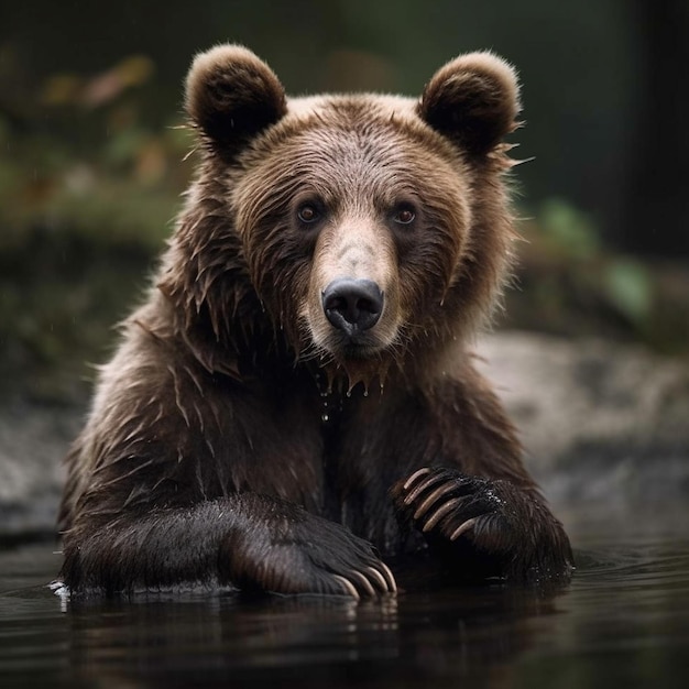 A bear is in the water and is looking at the camera.