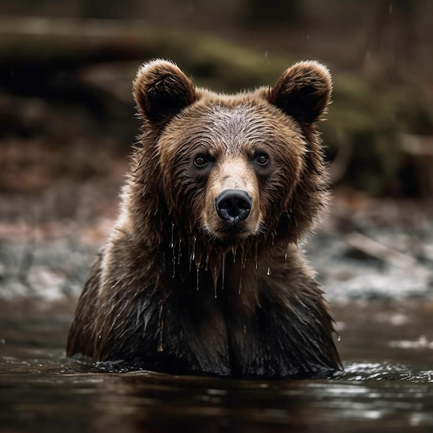 A bear is in the water and it is wet and wet.