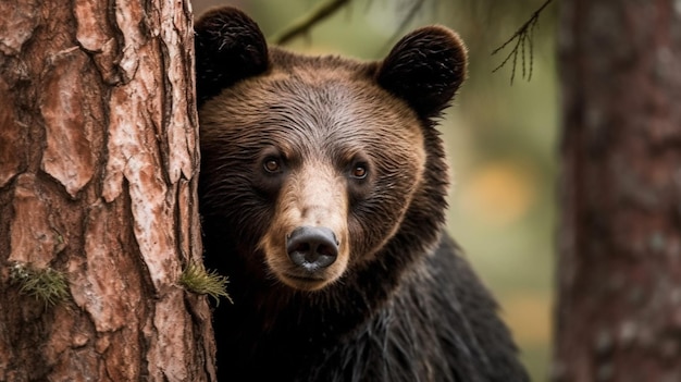 A bear looks out from a tree.