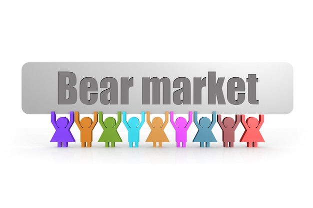 Bear market word on a banner hold by group of puppets