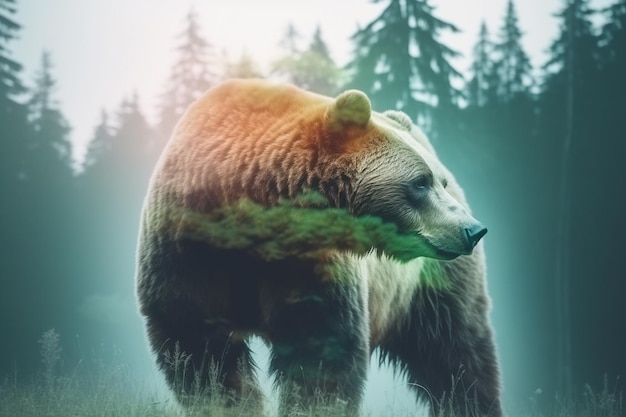 Bear in nature double exposure Generative AI illustration