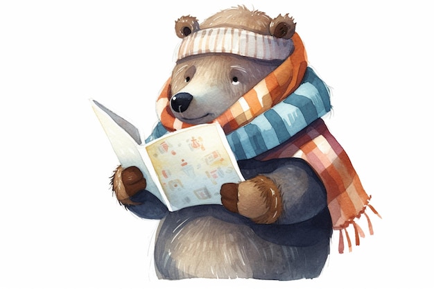 A bear in a scarf reads a book.