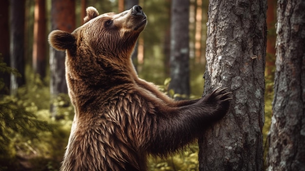 A bear scratching a tree in the forest