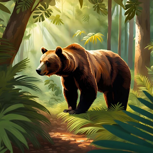 Photo bear searching for food in a thick jungle