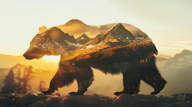 Bear Silhouette with Mountain Landscape Double Exposure