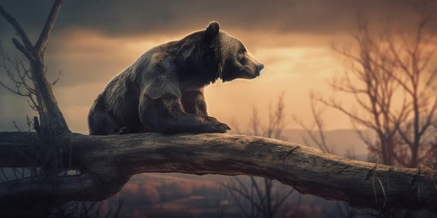 A bear sits on a branch in a sunset