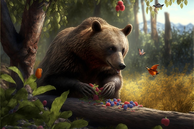 A bear sits in a forest and eats berries.