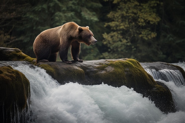 A bear sits on a rock in front of a waterfall.