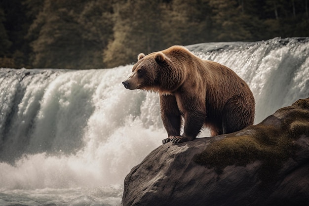 A bear sits on a rock in front of a waterfall.