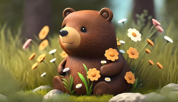 A bear sitting in a field of flowers